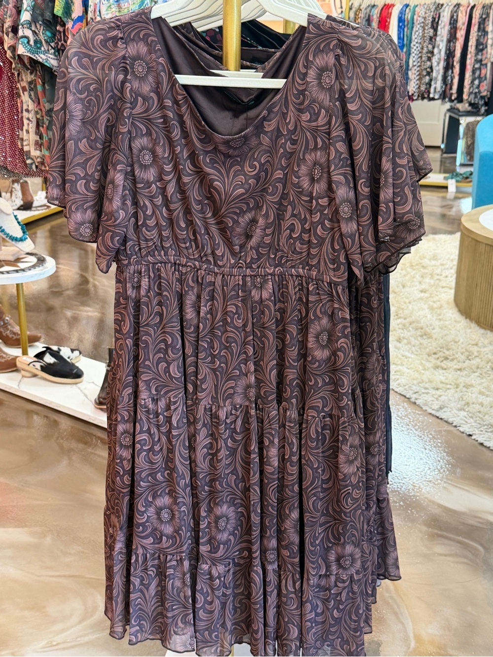 Tiered Floral-Print Midi Dress in Mauve